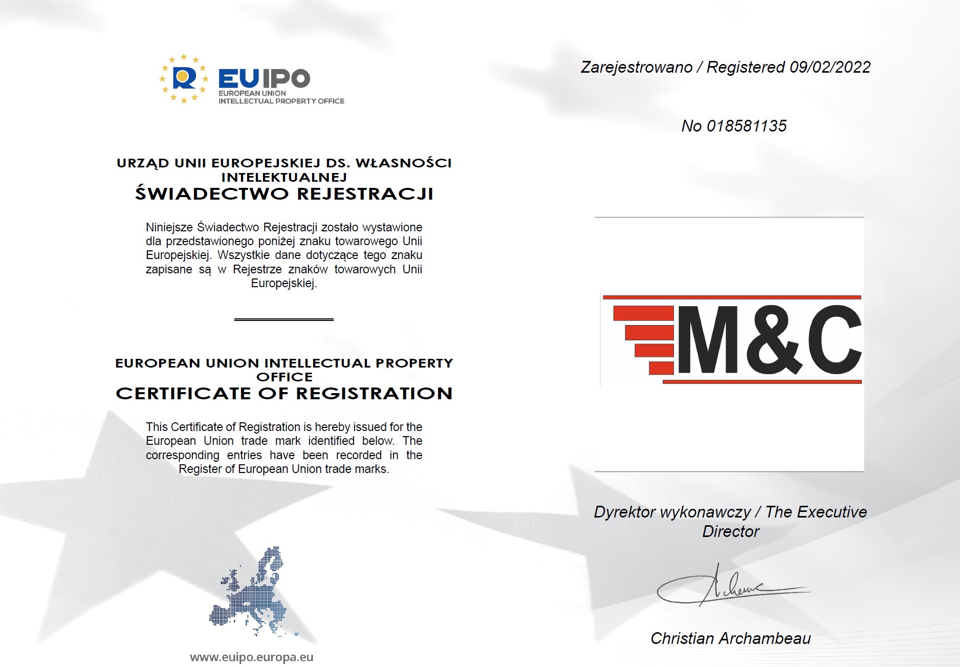 EUIPO — świadectwo rejestracji znaku towarowego ModernBHP